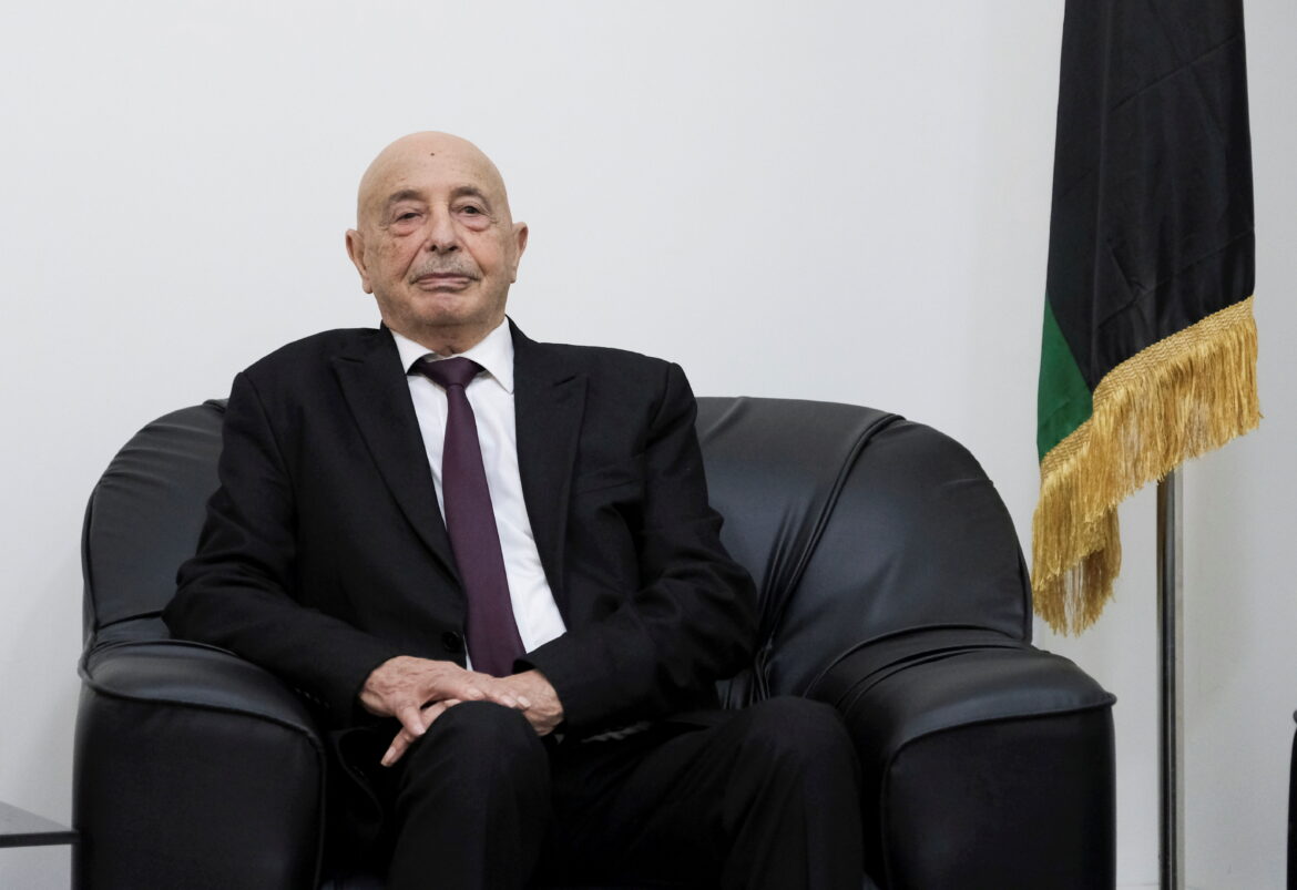 Aguila Saleh, Speaker of the eastern-based Libyan parliament submits his candidacy papers for the presidential elections in Benghazi
